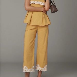 Maeve Yellow Wide Leg Pants with White Embroidery